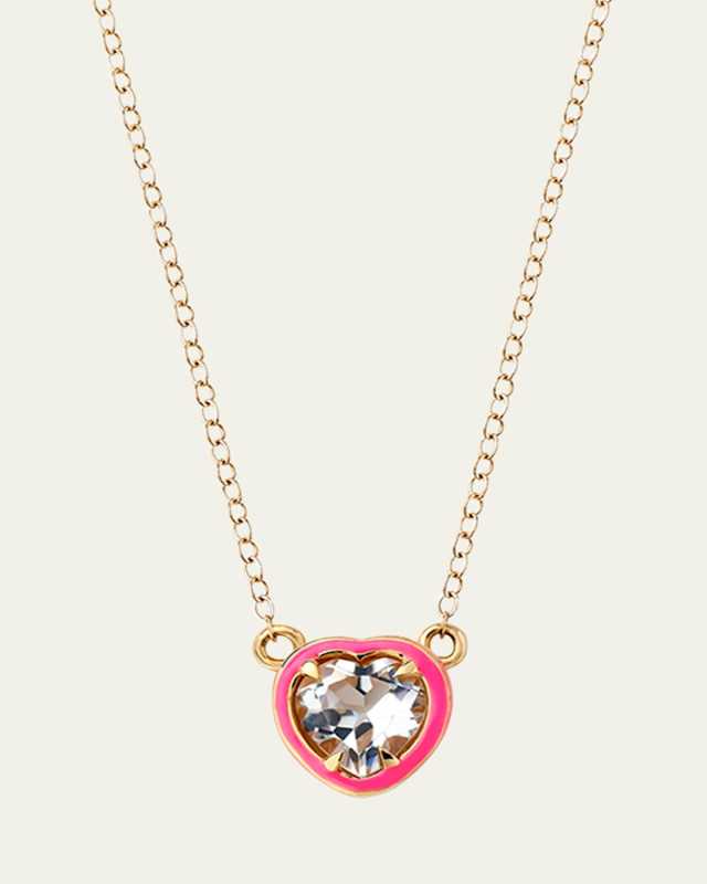 Heart Cocktail Necklace with White Topaz and Pink Enamel in 14K Yellow Gold